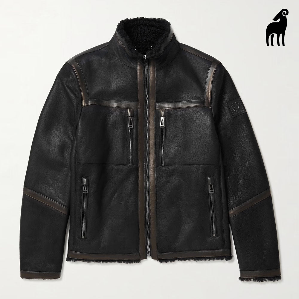Men Black B3 Sheepskin Shearling Flying Trimmed Leather Jacket