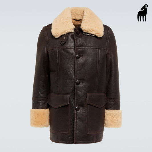 Men's brown b3 flying Shearling-trimmed Long Leather Jacket