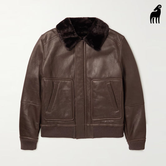 New men brown b3 pilot bomber sheepskin shearling lined leather jacket