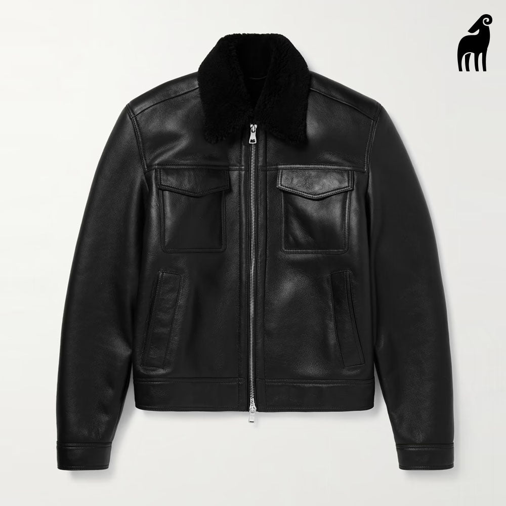 New Men Black Sheepskin Nappa Leather and Shearling Trucker jacket