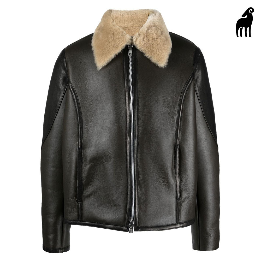 Men's shearling collar sheepskin pilot leather jacket - flight jacket ...