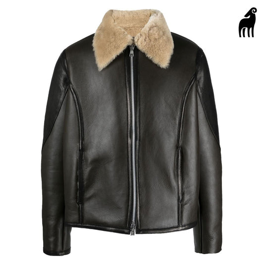 Men's black shearling collar sheepskin pilot leather jacket