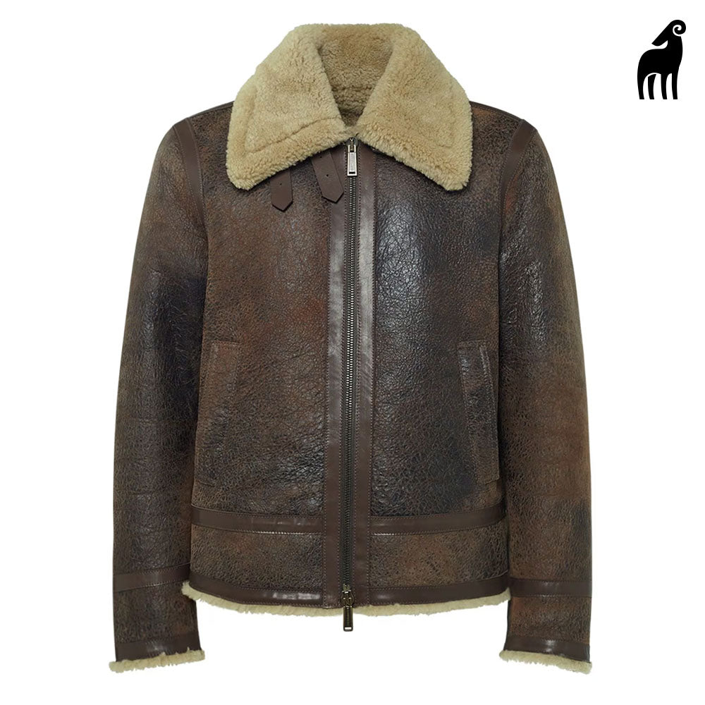 Men's brown b3 aviator sheepskin shearling leather zip jacket