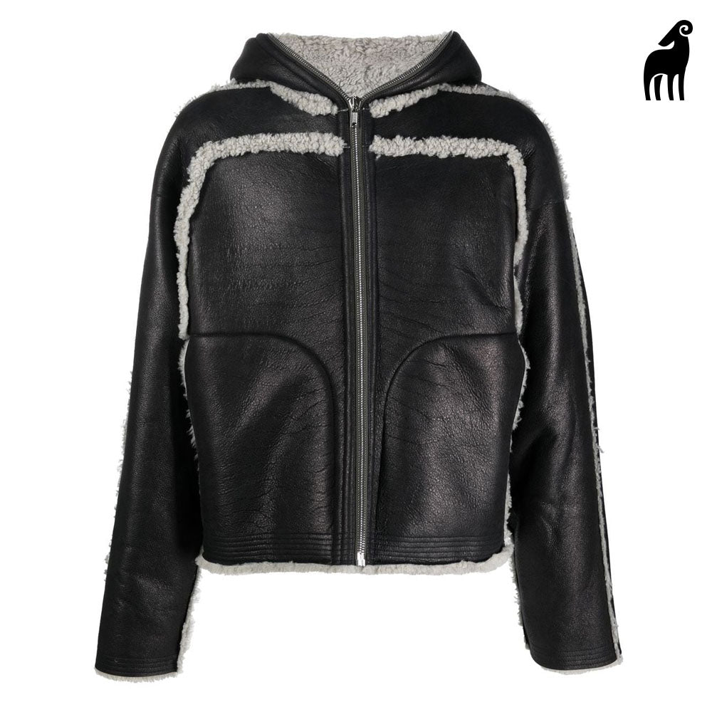 Men's Black Sheepskin B3 Shearling Trim Hooded Leather Jacket