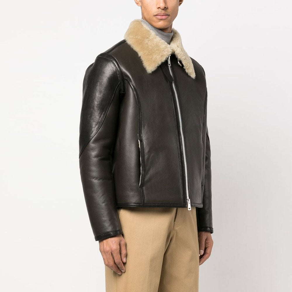 Men's black shearling collar sheepskin pilot leather jacket