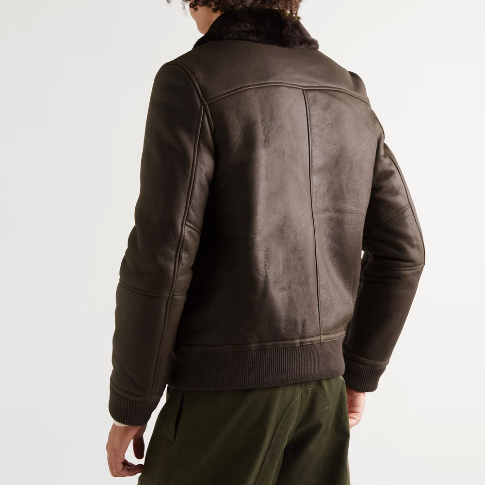 New men brown b3 pilot bomber sheepskin shearling lined leather jacket