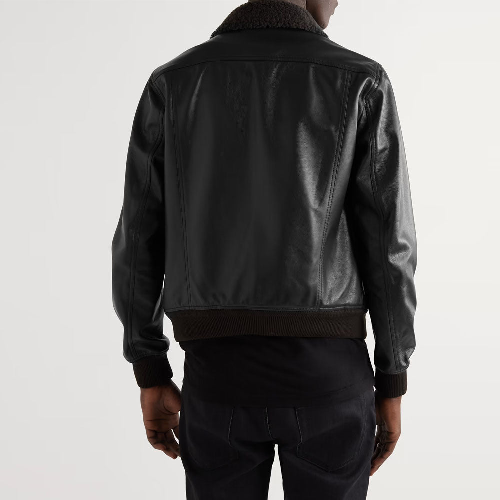 New Men Black Trucker Slim-Fit Flying Sheepskin Bomber Shearling Leather Jacket