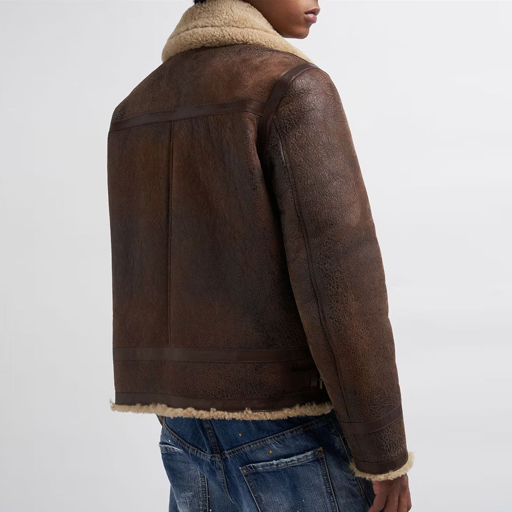 Men's brown b3 aviator sheepskin shearling leather zip jacket