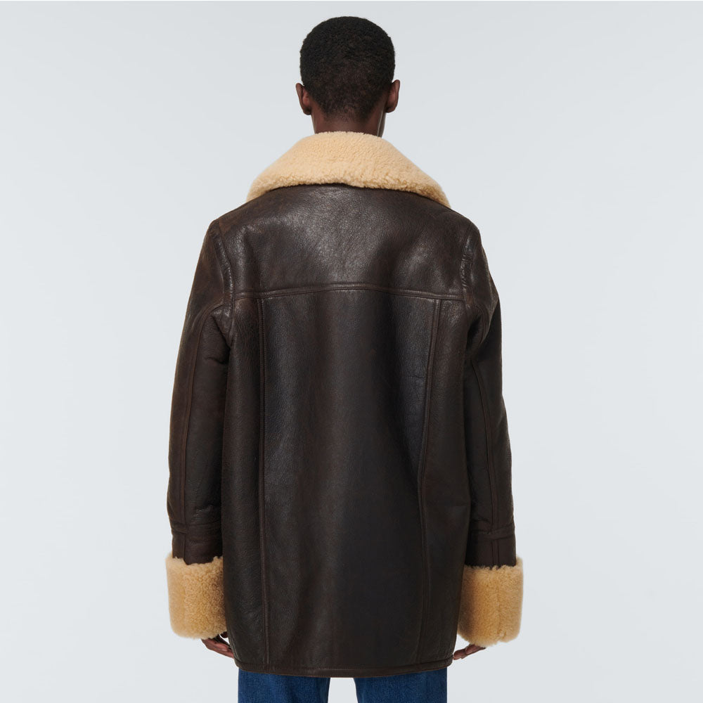 Men's brown b3 flying Shearling-trimmed Long Leather Jacket