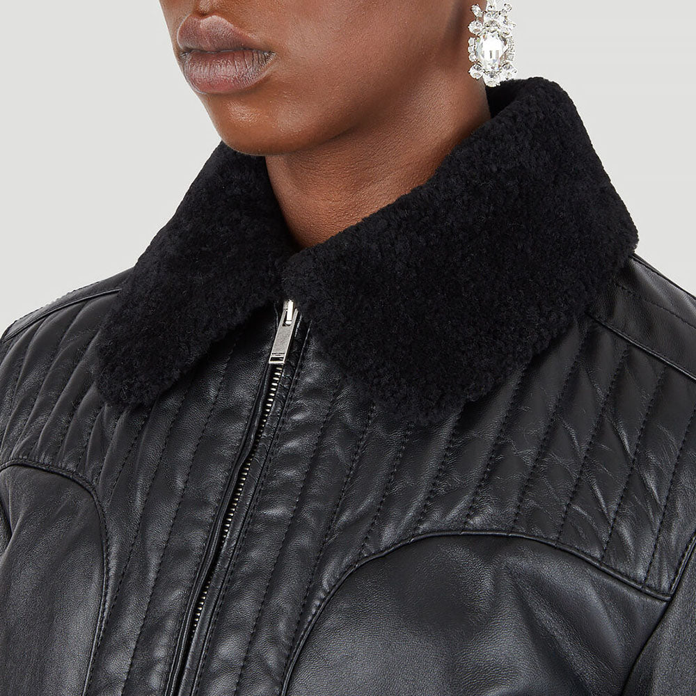 Women Black Sheepskin aviator Shearling Leather Jacket
