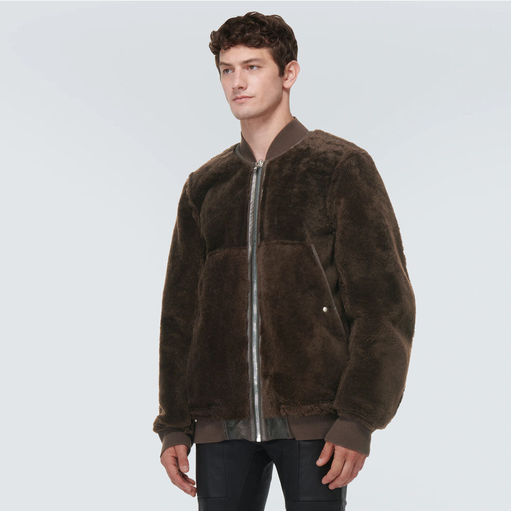 New men brown sheepskin b3 bomber shearling and leather jacket