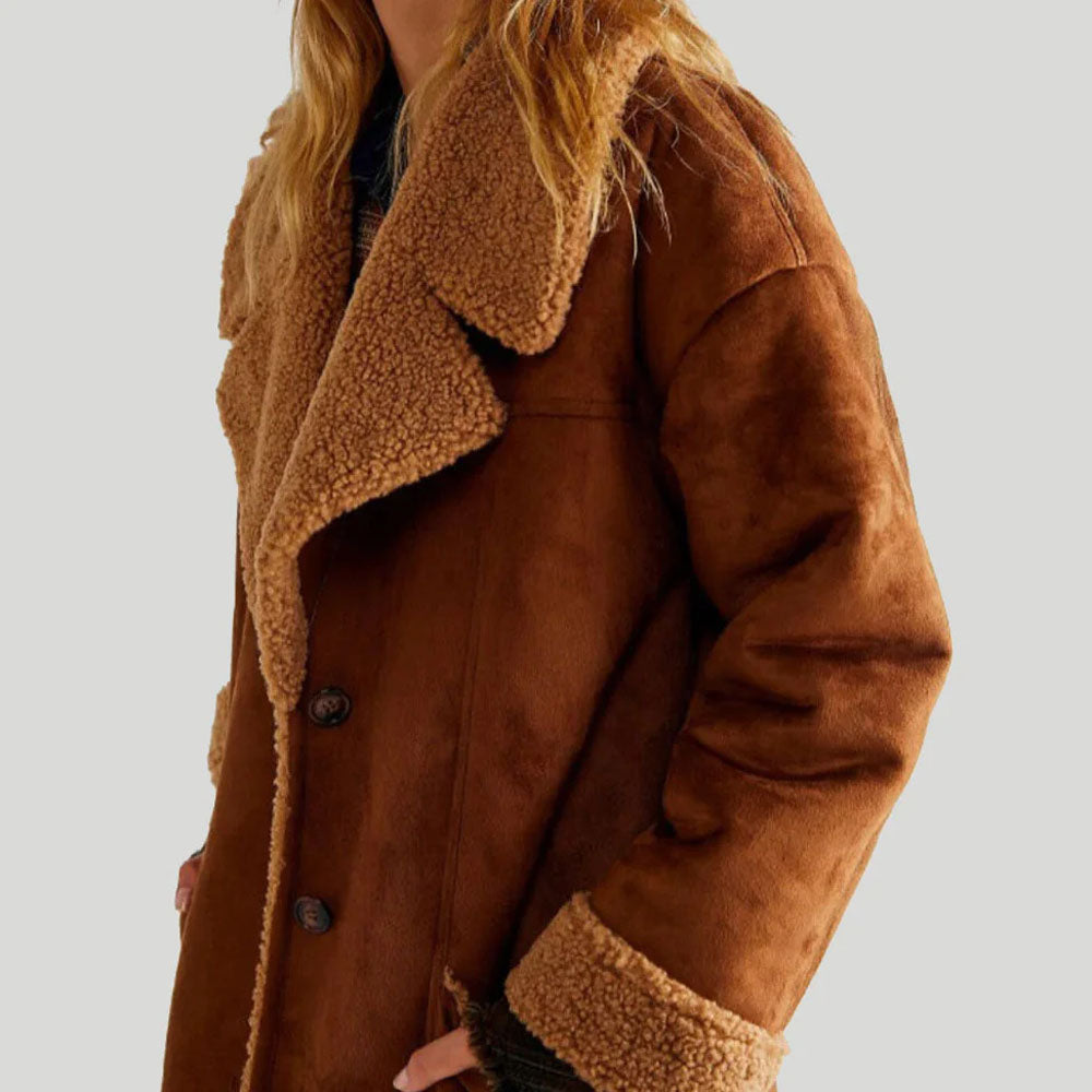 New Brown Suede Aviator Shearling Flight Leather Fur Coat