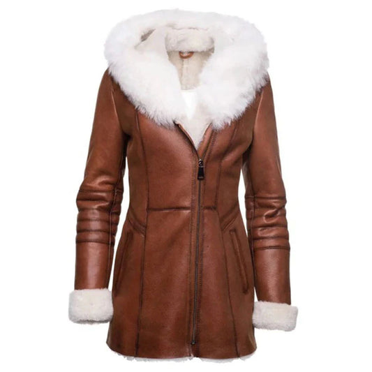 New Women B3 Bomber Shearling Leather Coat With Hooded