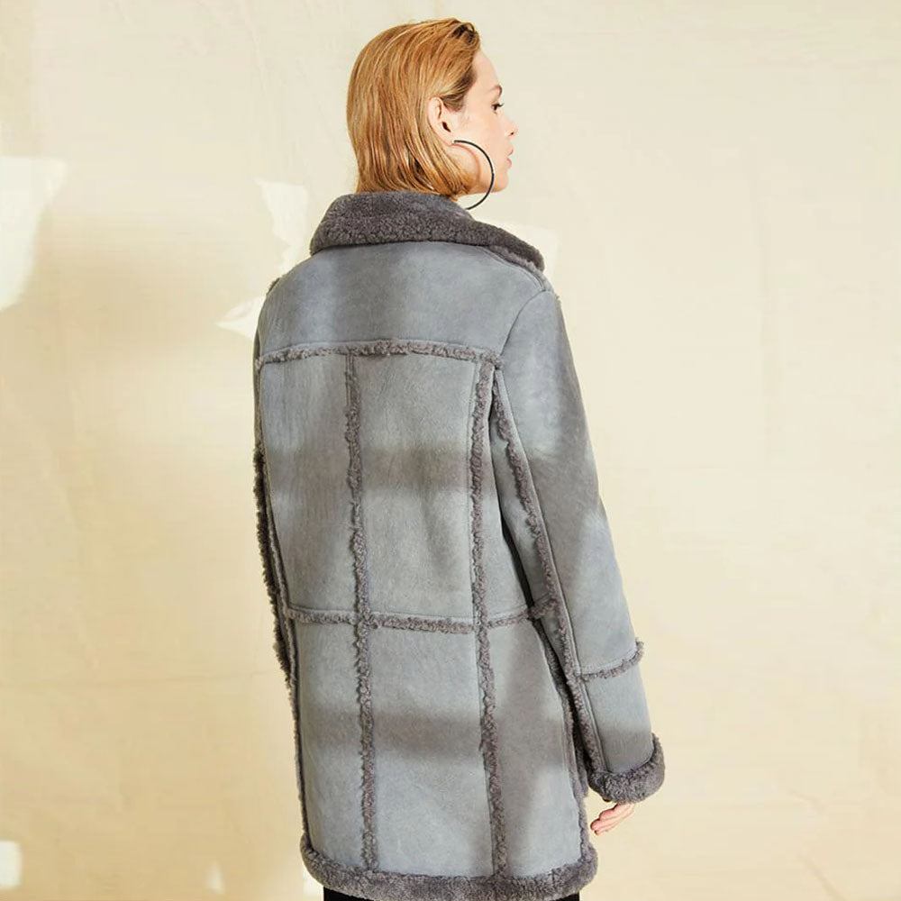 New Gray Women Sheepskin Long Shearling Suede Leather Coat