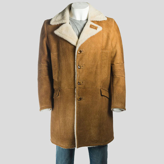 New Men's Brown Shearling Long Sheepskin Leather Coat