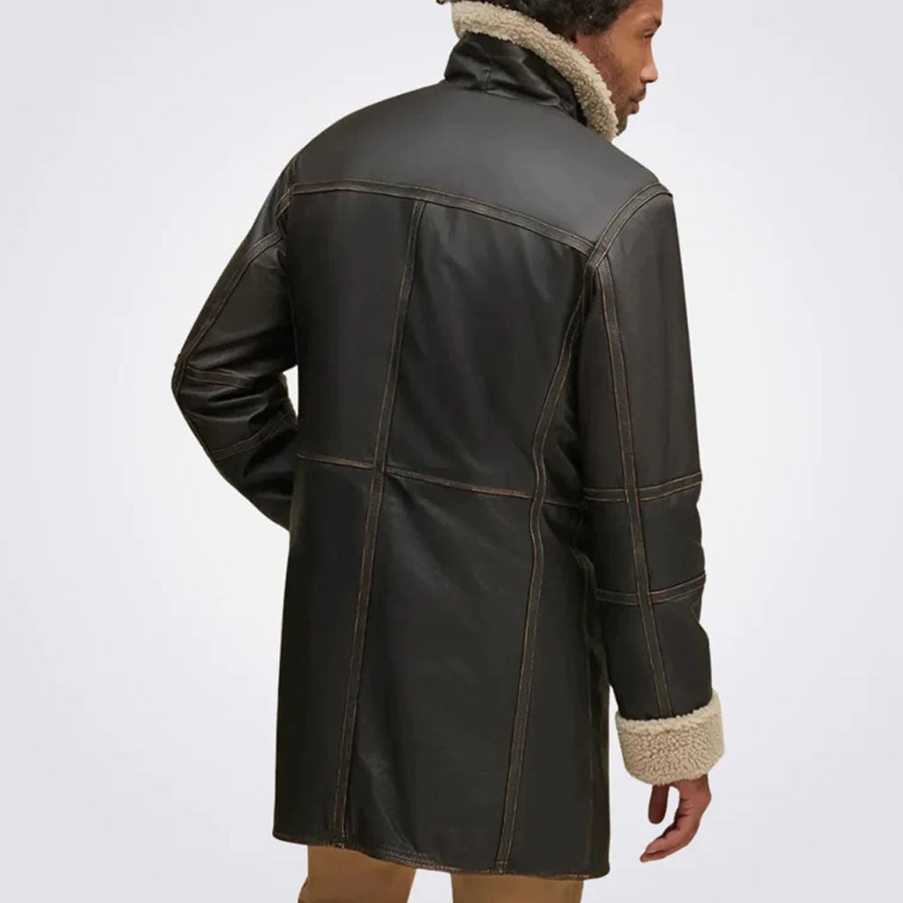 New Men Brown Sheepskin Fur Aviator Leather Coat