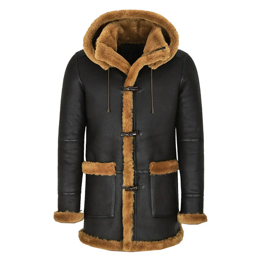 New Black Hooded Shearling Leather Coat For Men