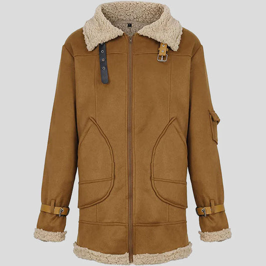 New Brown Sheepskin Long Winter Leather Coat For Men