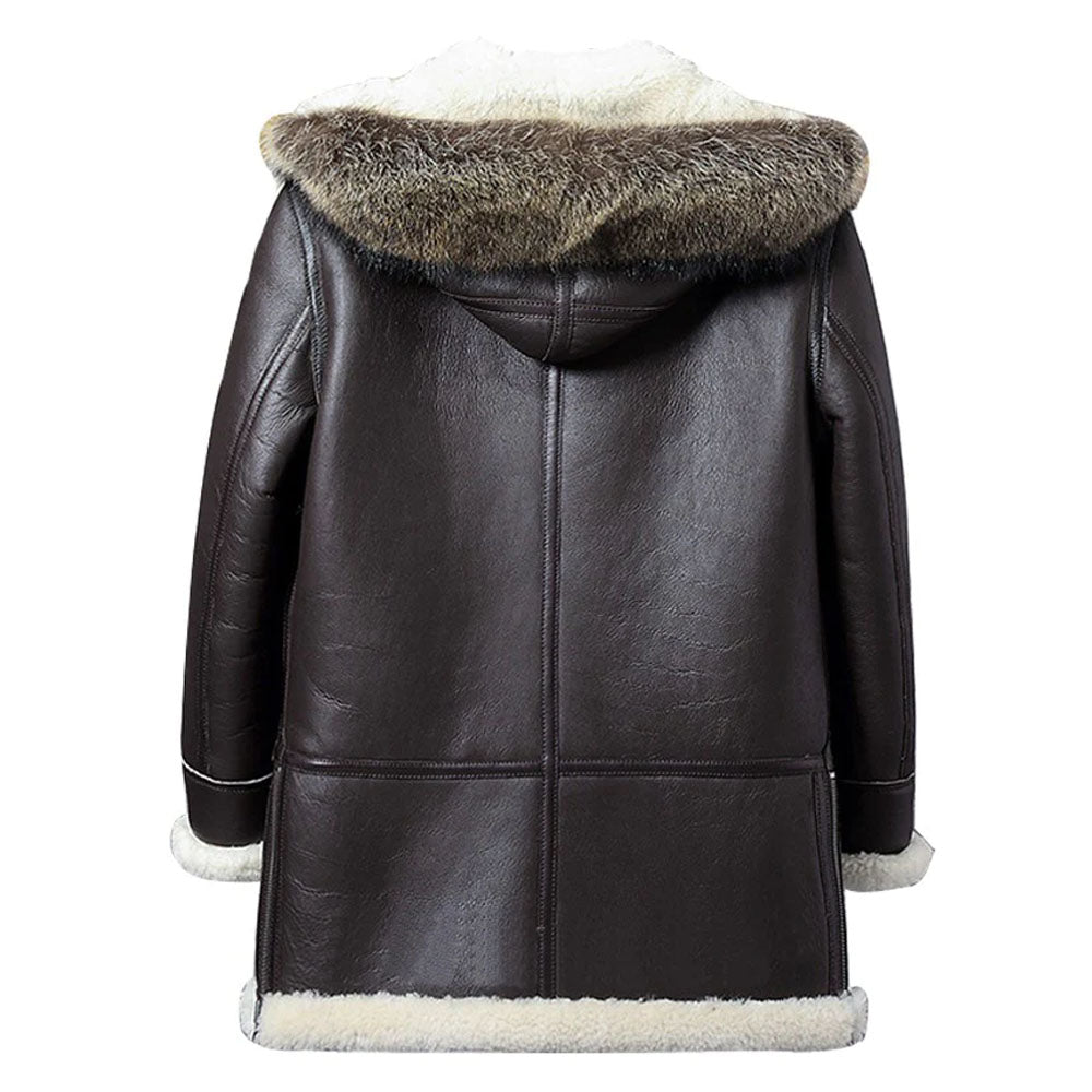 New Black Shearling Hooded Sheepskin Leather Coat For Men