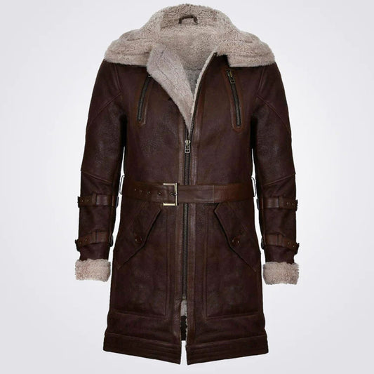 New Men's Brown Double Collar Long Sheepskin Leather Coat