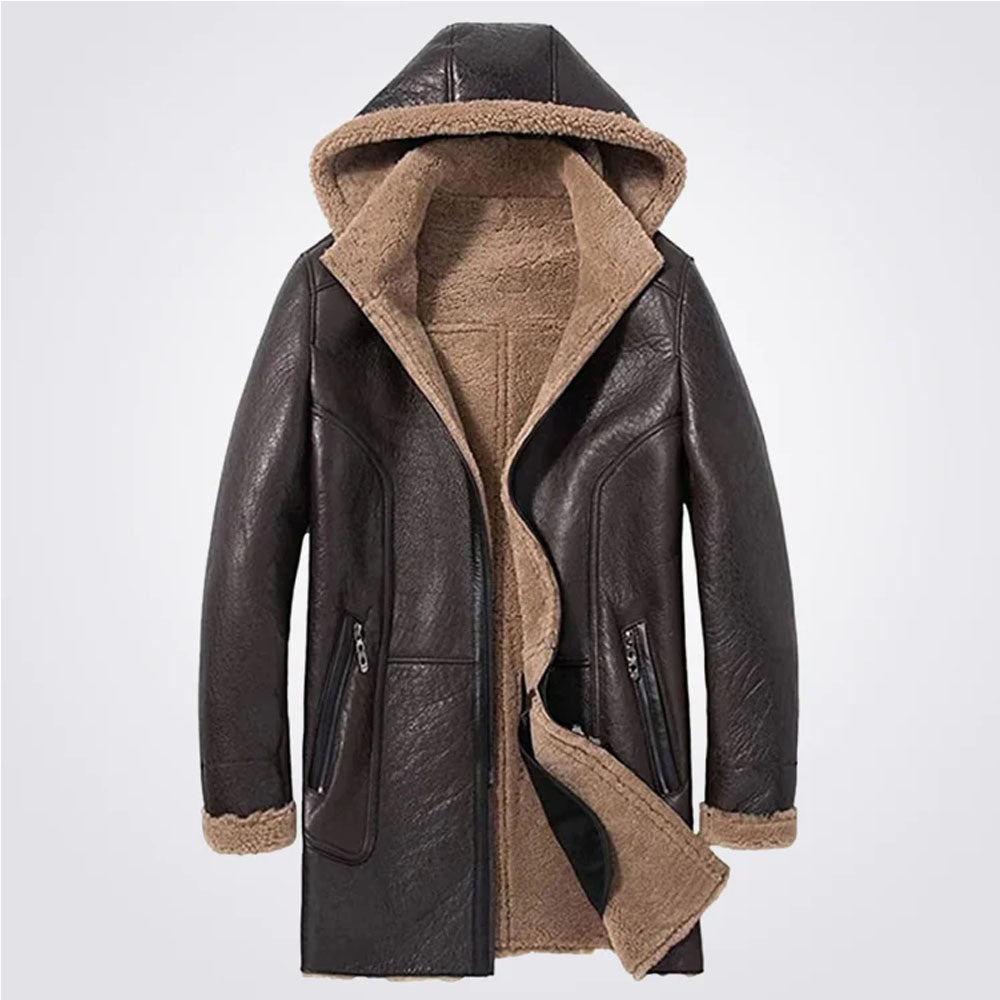 New Men Brown Fur Sheepskin Long Leather Coat