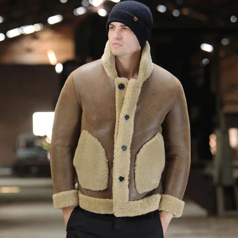 New B3 Brown RAF Flight Sheepskin Shearling Leather Jacket For Men