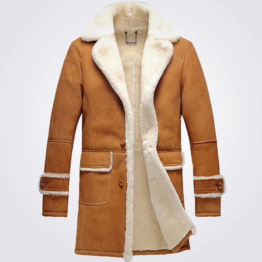 Mens Brown Trench Sheepskin Shearling Leather Coat