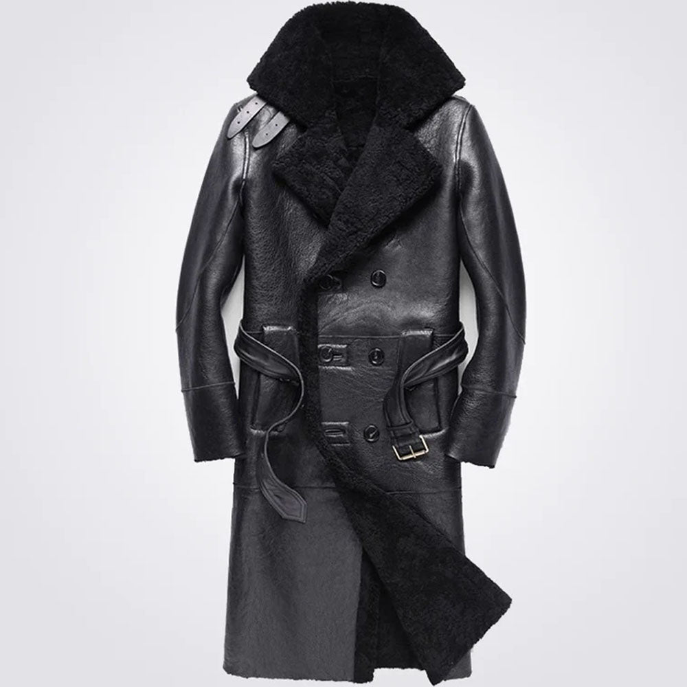 New Men Black Belted Sheepskin Double Breasted Long Leather Coat