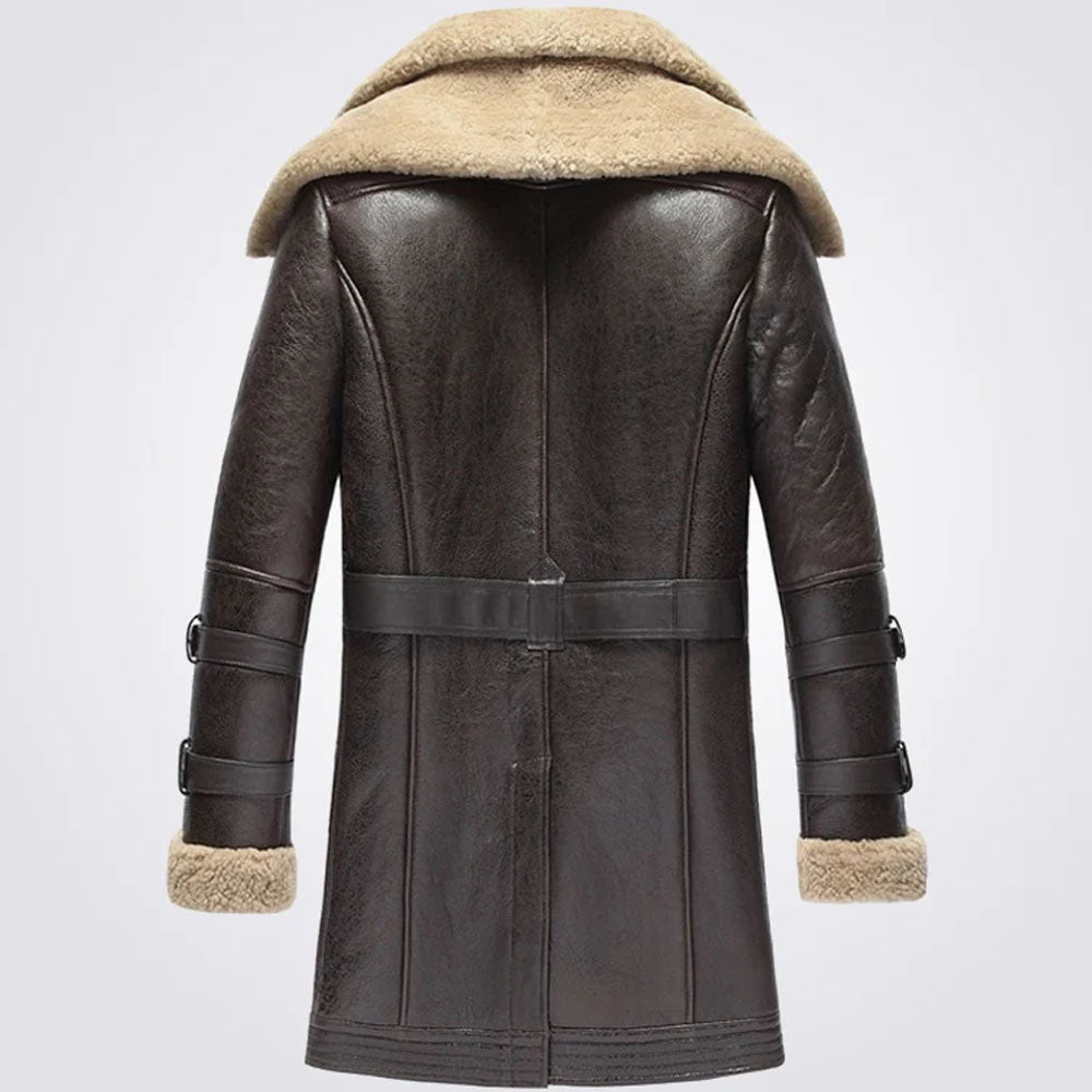 Mens Trench Vintage Sheepskin Long Shearling Leather Coat