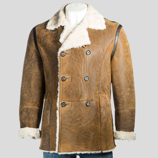 New Men's Brown Sheepskin Double Breasted Shearling Leather Coat