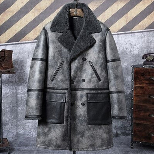 Men's Grey Waxed Shearling Double Breasted Sheepskin Leather Coat
