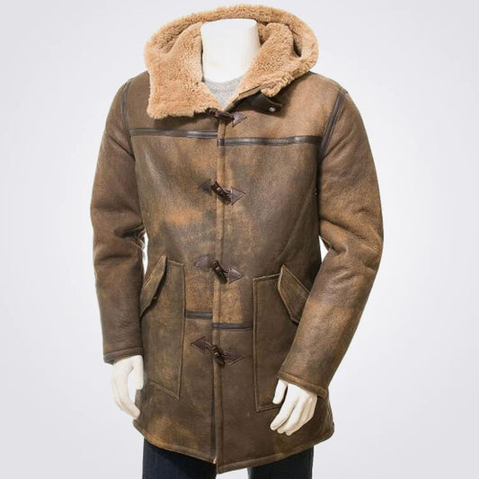 Men's Brown Sheepskin Hooded Leather Duffle Long Coat