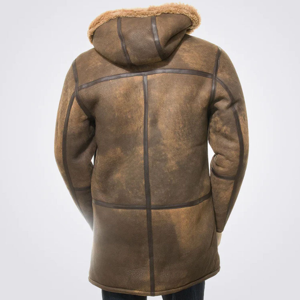 Men's Brown Sheepskin Hooded Leather Duffle Long Coat