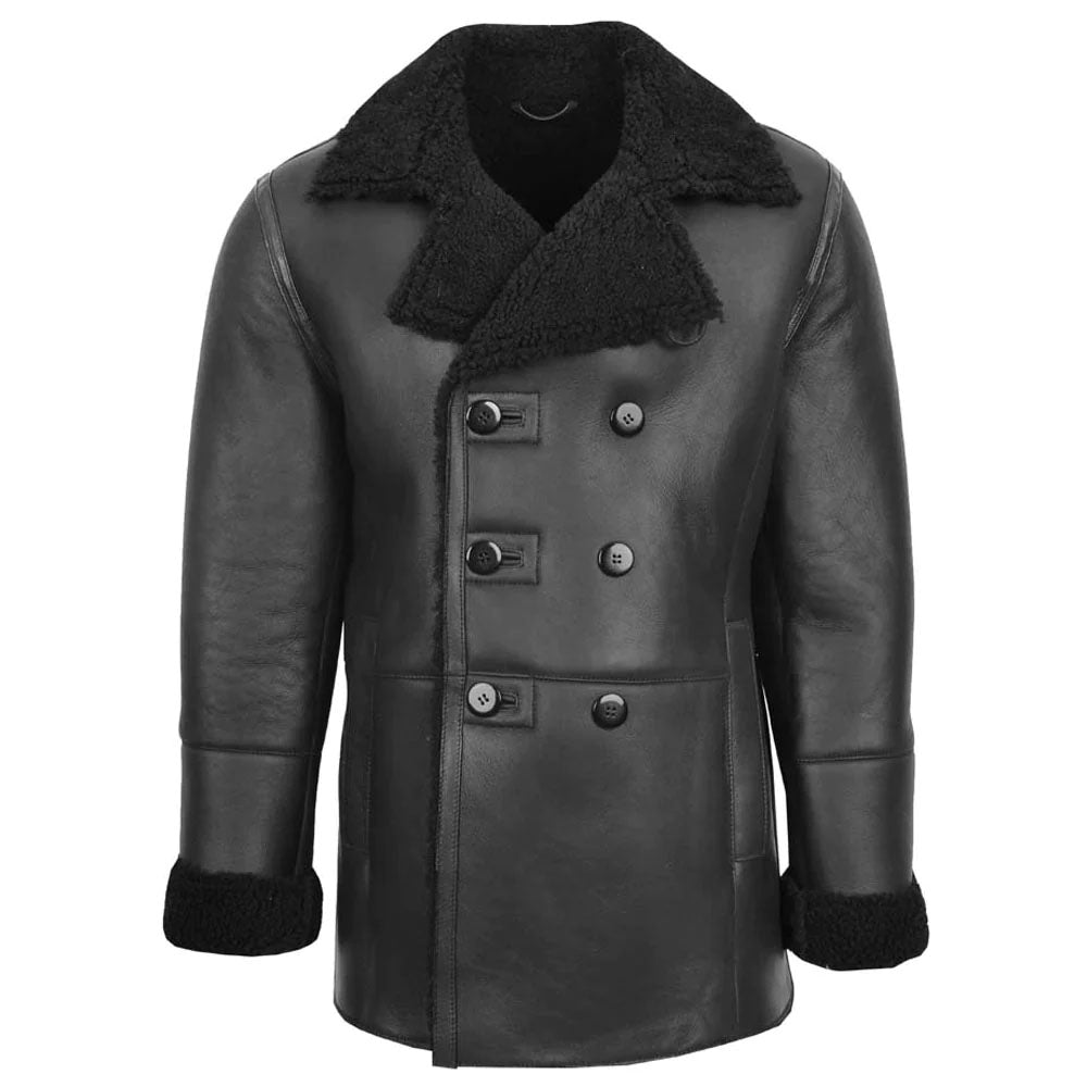 New Black Sheepskin Double Breasted Long Shearling Leather Coat For men