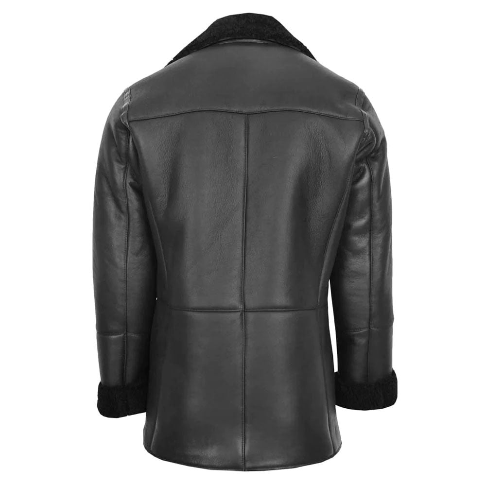 Black Sheepskin Double Breasted Long Shearling Leather Coat For men