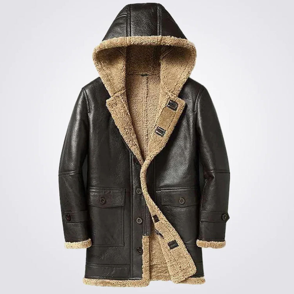 Men's Hooded Sheepskin Aviator RAF Leather Coat