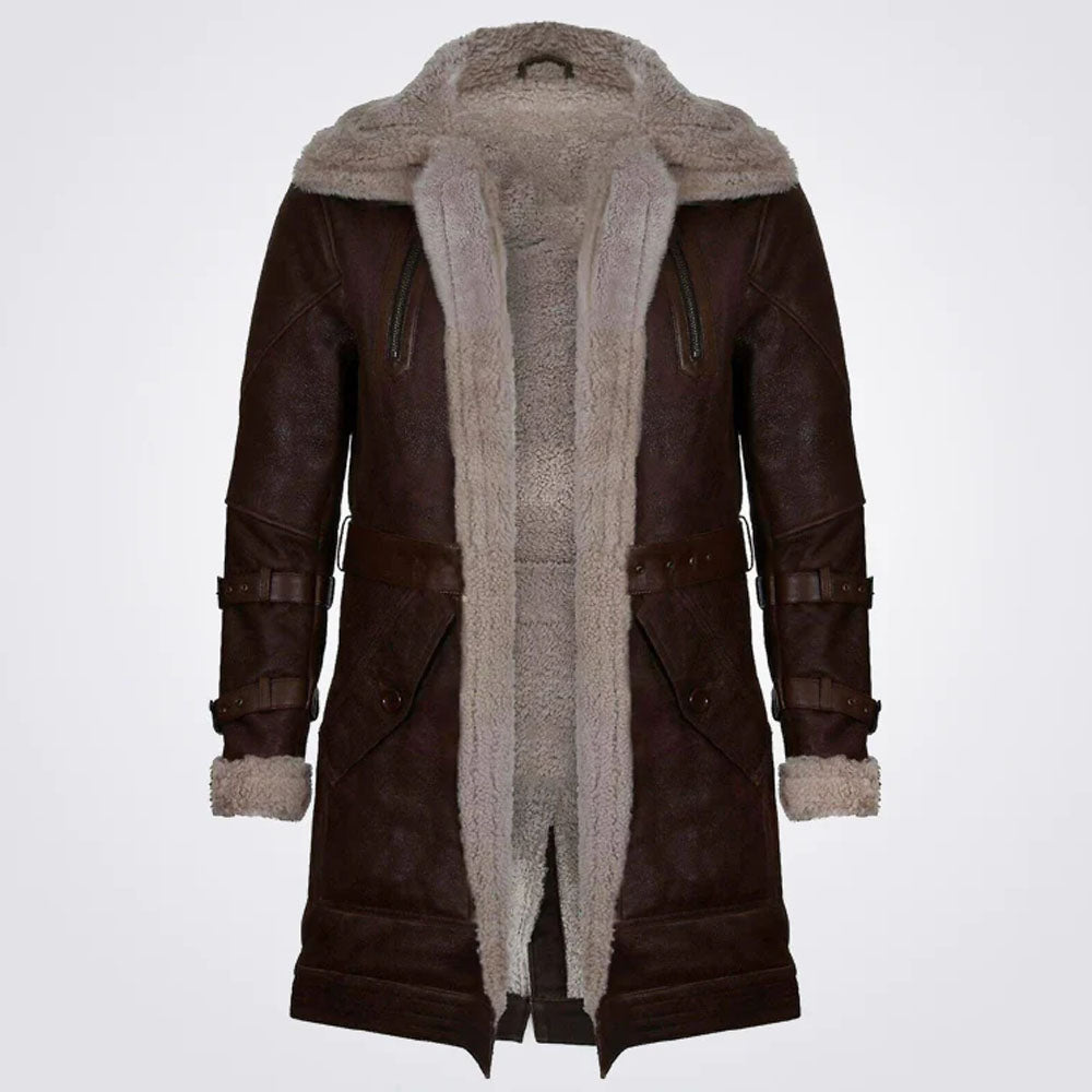 Men's Brown Double Collar Long Sheepskin Leather Coat