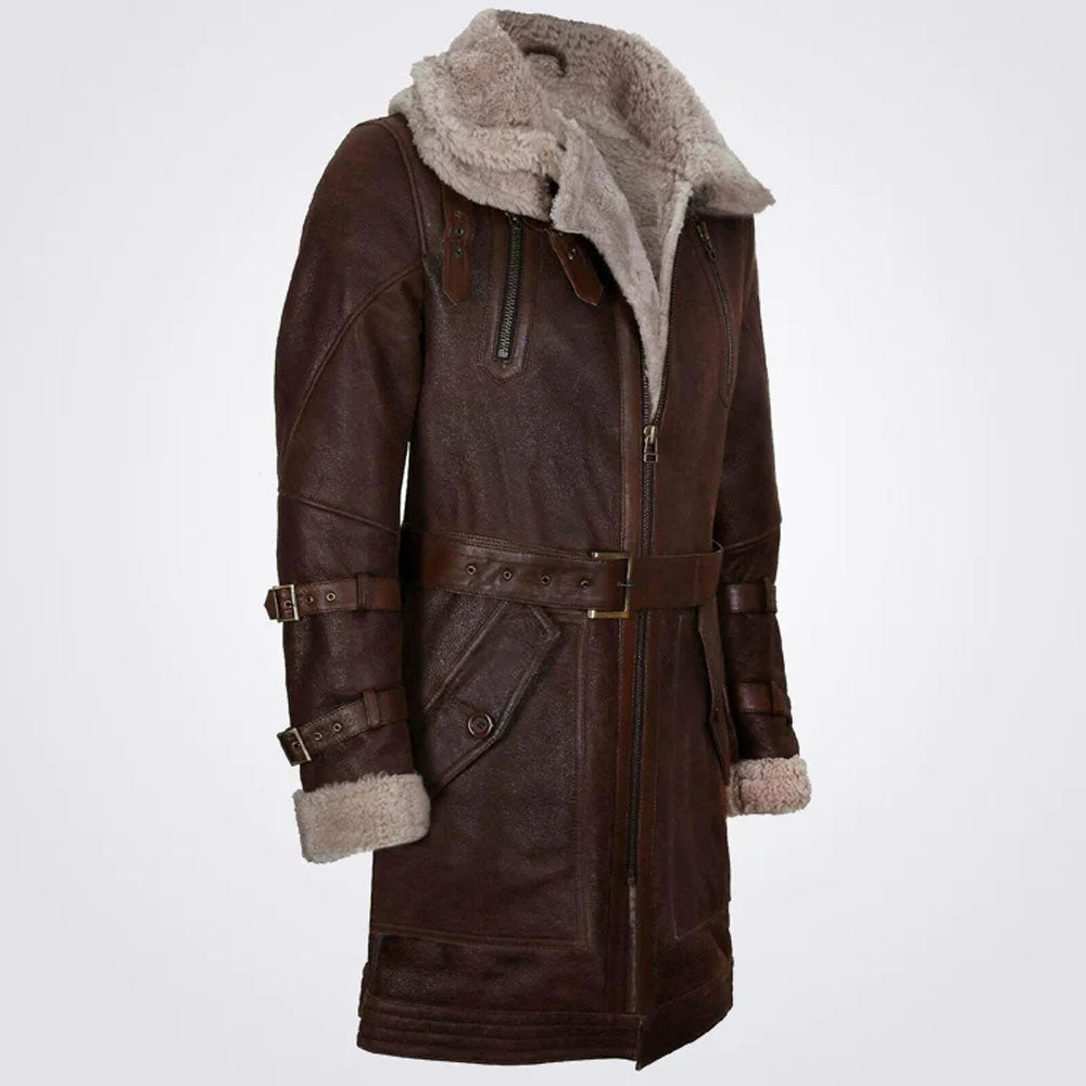 New Brown Double Collar Long Sheepskin Leather Coat