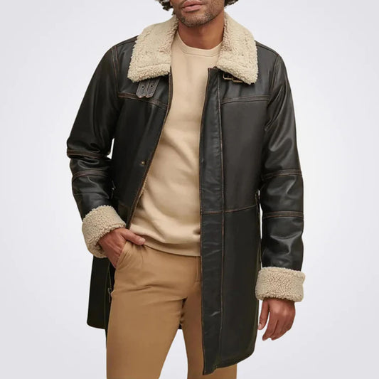 New Men's Brown Sheepskin Fur Aviator Leather Coat