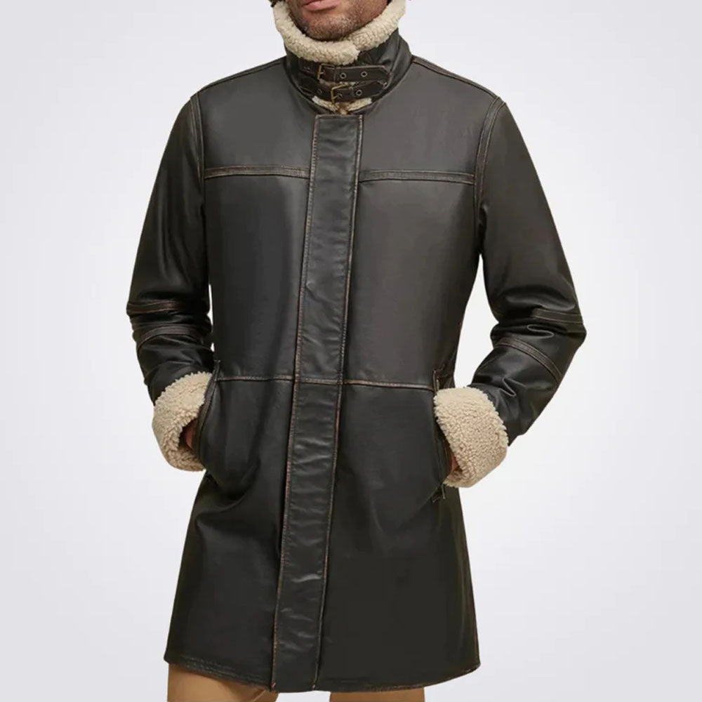 Men's Brown Sheepskin Fur Aviator Leather Coat