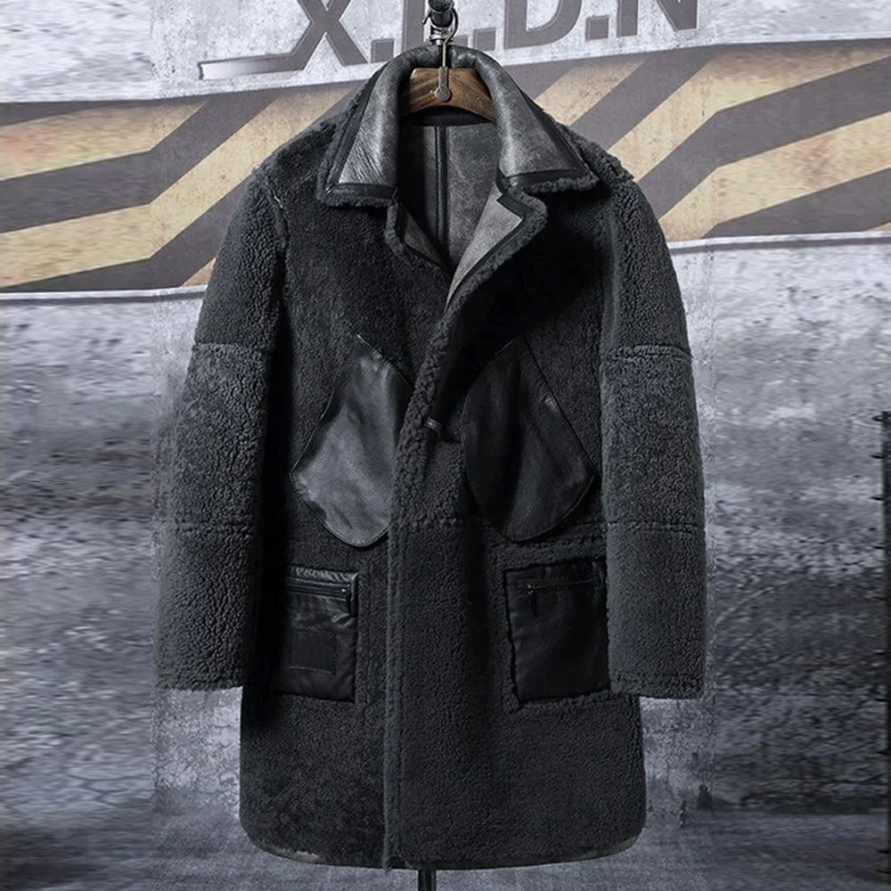 Men's Grey Waxed Double Breasted Sheepskin Leather Coat