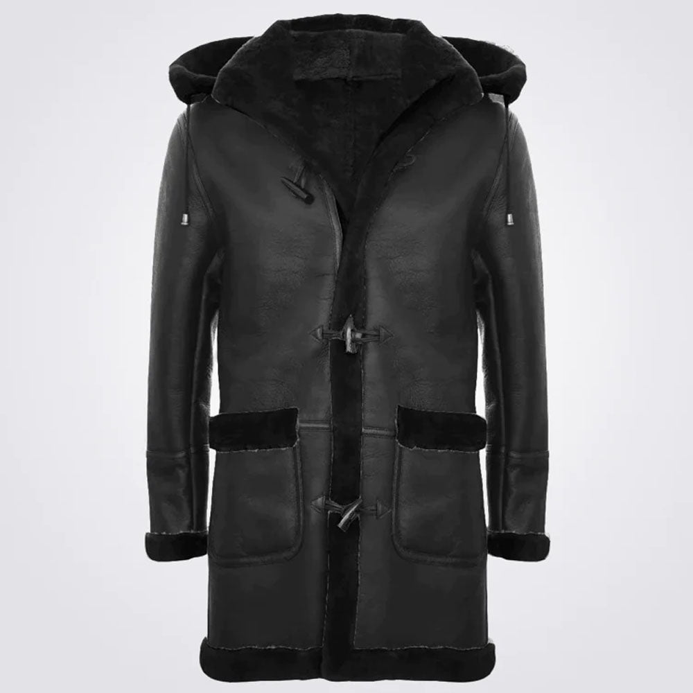 New Men's Black Shearling Hooded Sheepskin Leather Coat