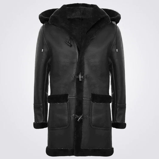 New Men's Black Shearling Hooded Sheepskin Leather Coat