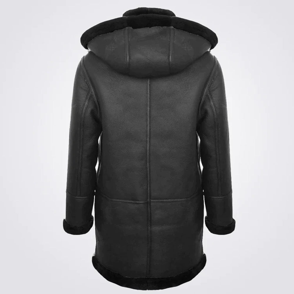 Men's Black Shearling Hooded Sheepskin Leather Coat