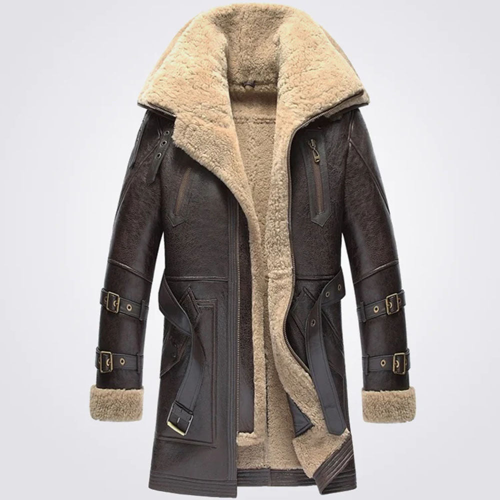 Men's Trench Vintage Sheepskin Long Shearling Leather Coat