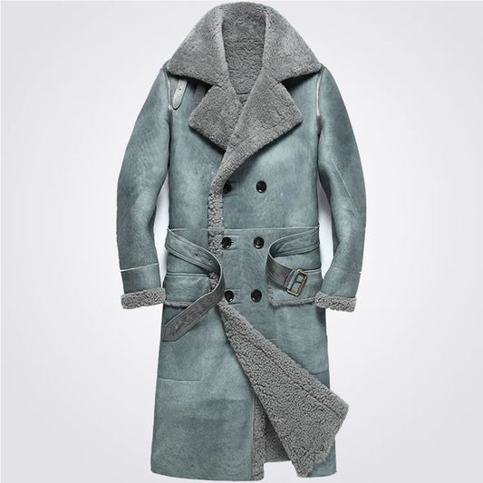 Men's Double Breasted Sheepskin Belted Long Old Fashioned Leather Coat