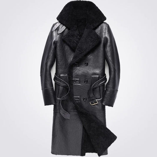 New Men's Black Belted Sheepskin Double Breasted Long Leather Coat