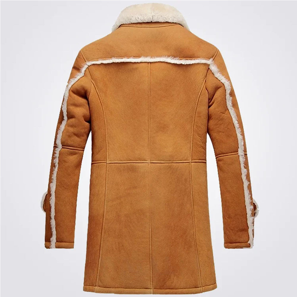 New Men's Brown Trench Sheepskin Shearling Leather Coat