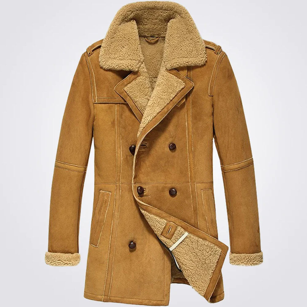 New Men's Camel Brown Shearling Winter Sheepskin Leather Coat