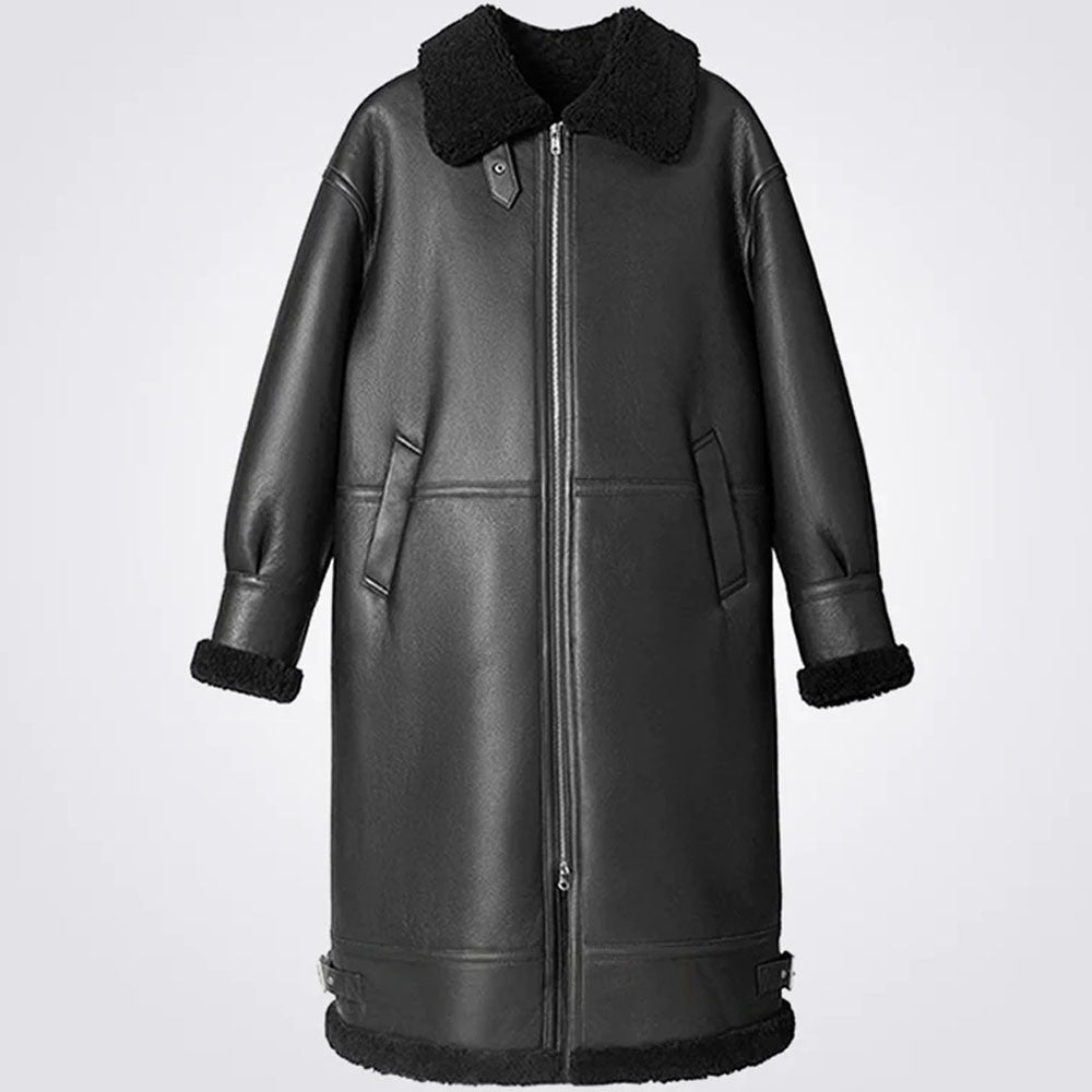 New Men's Black Long Shearling Leather Sheepskin Coat